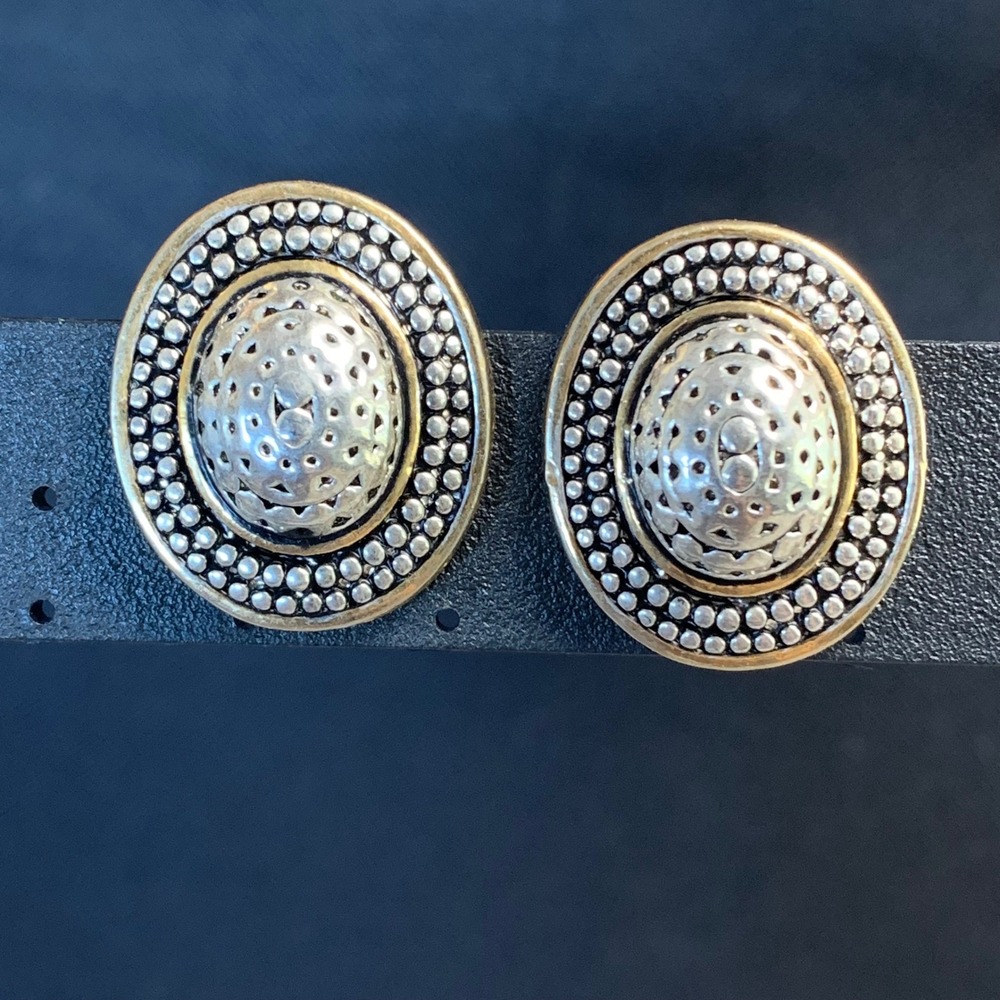 Two Tone Mixed Metal Oval Clip On Earrings Beaded Textured Statement Stud